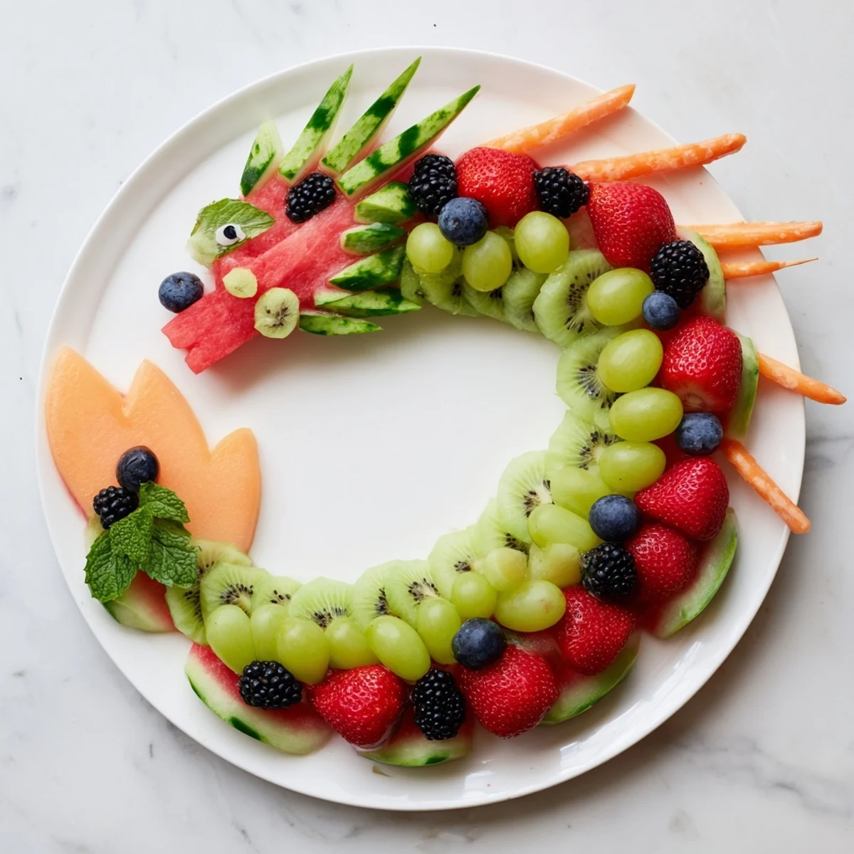 A beautiful dragon-shaped fruit tray, featuring juicy watermelon and cantaloupe scales, perfect party food.
