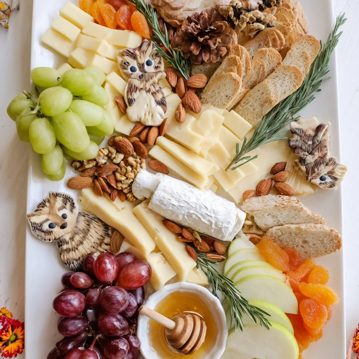 A beautifully arranged Cozy Forest Animal Board with cheeses, fruits, and playful edible animal accents.