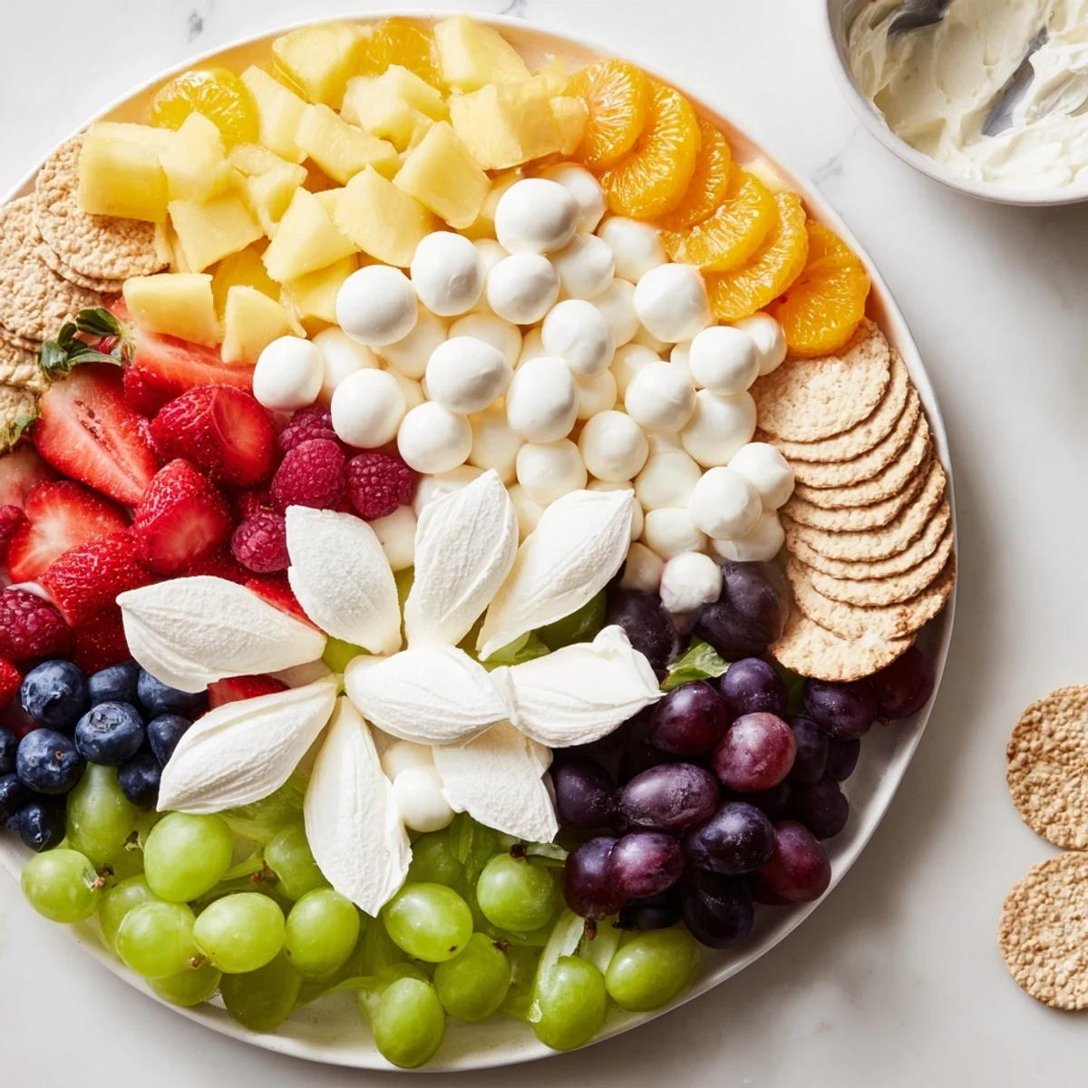 A vibrant cloud and rainbow grazing board features colorful fruits, cheeses, and sweet treats.