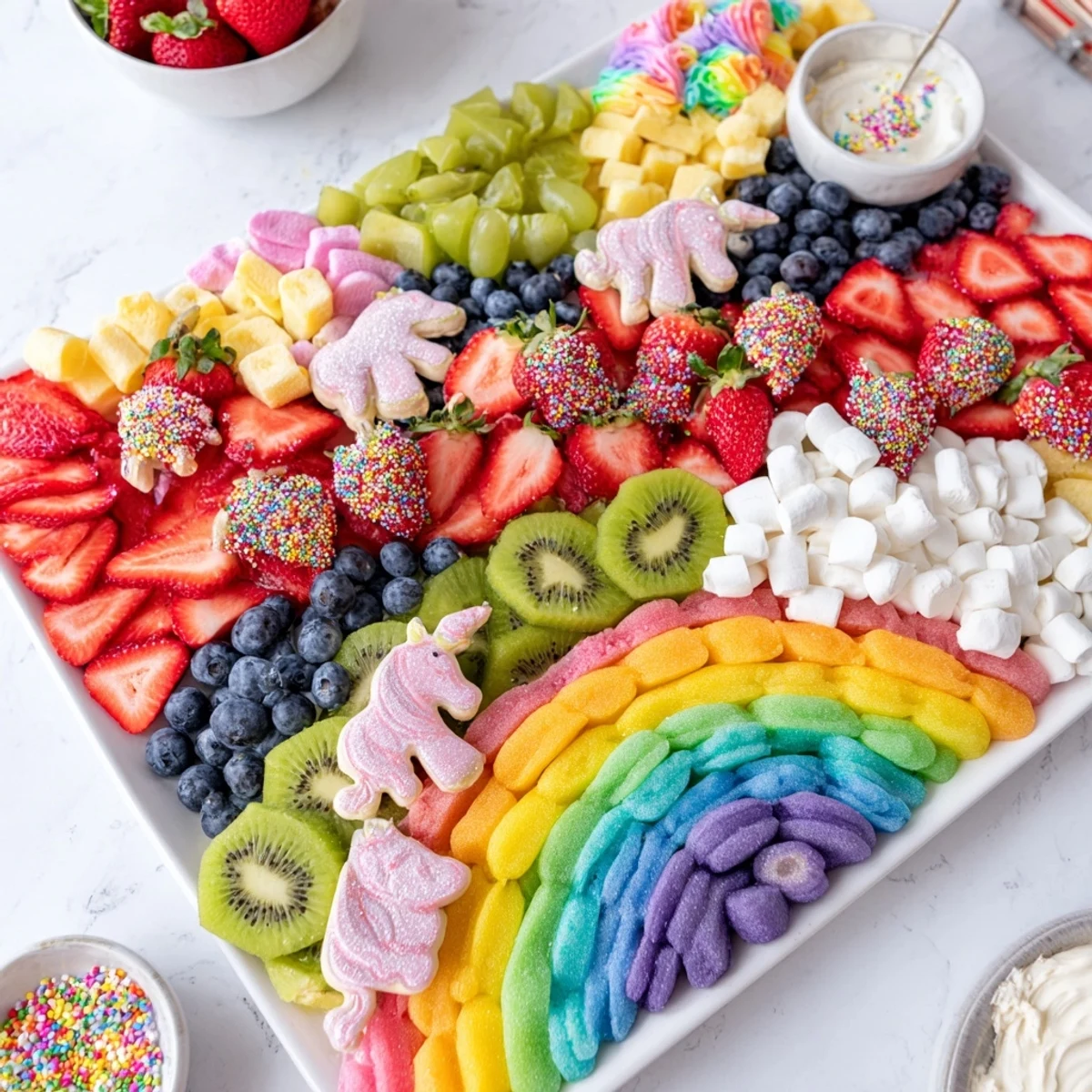 Magical Unicorn Rainbow Dessert Board overflowing with vibrant fruits, sweets, and pretty edible flowers.