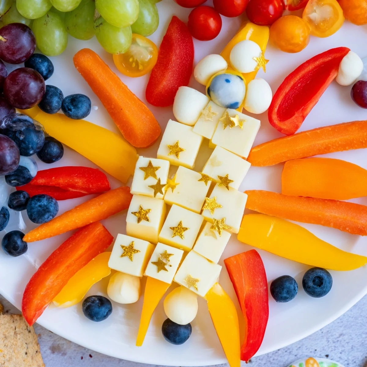 A visually exciting Blast Off Spaceship Snack Board featuring grapes, carrots, and mozzarella, ready to be enjoyed.