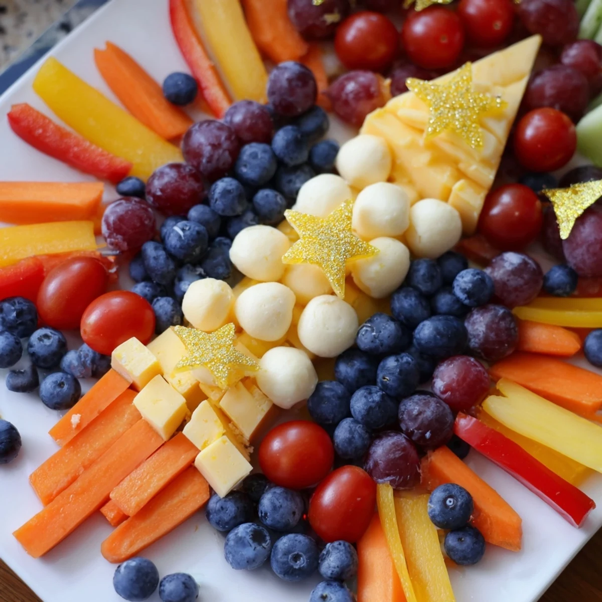 Blast Off Spaceship Snack Board with colorful veggies, cheeses, and dips arranged like a rocketship.
