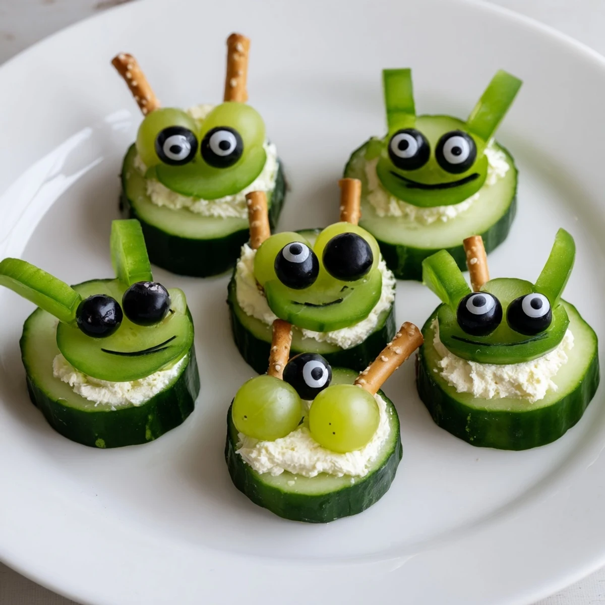 Delicious and healthy Little Green Men Alien Snack Attack platter, perfect kid's snack with colorful veggie faces.