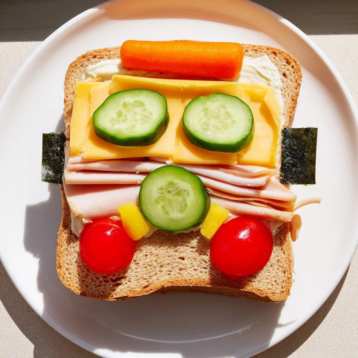 Delicious Road Trip Ready Car-Shaped Lunch, carefully assembled with cheese and veggie wheels ready to eat.