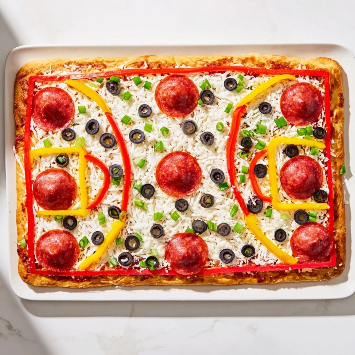 Freshly baked Basketball Court Pizza with colorful bell pepper court lines and olive free throws.
