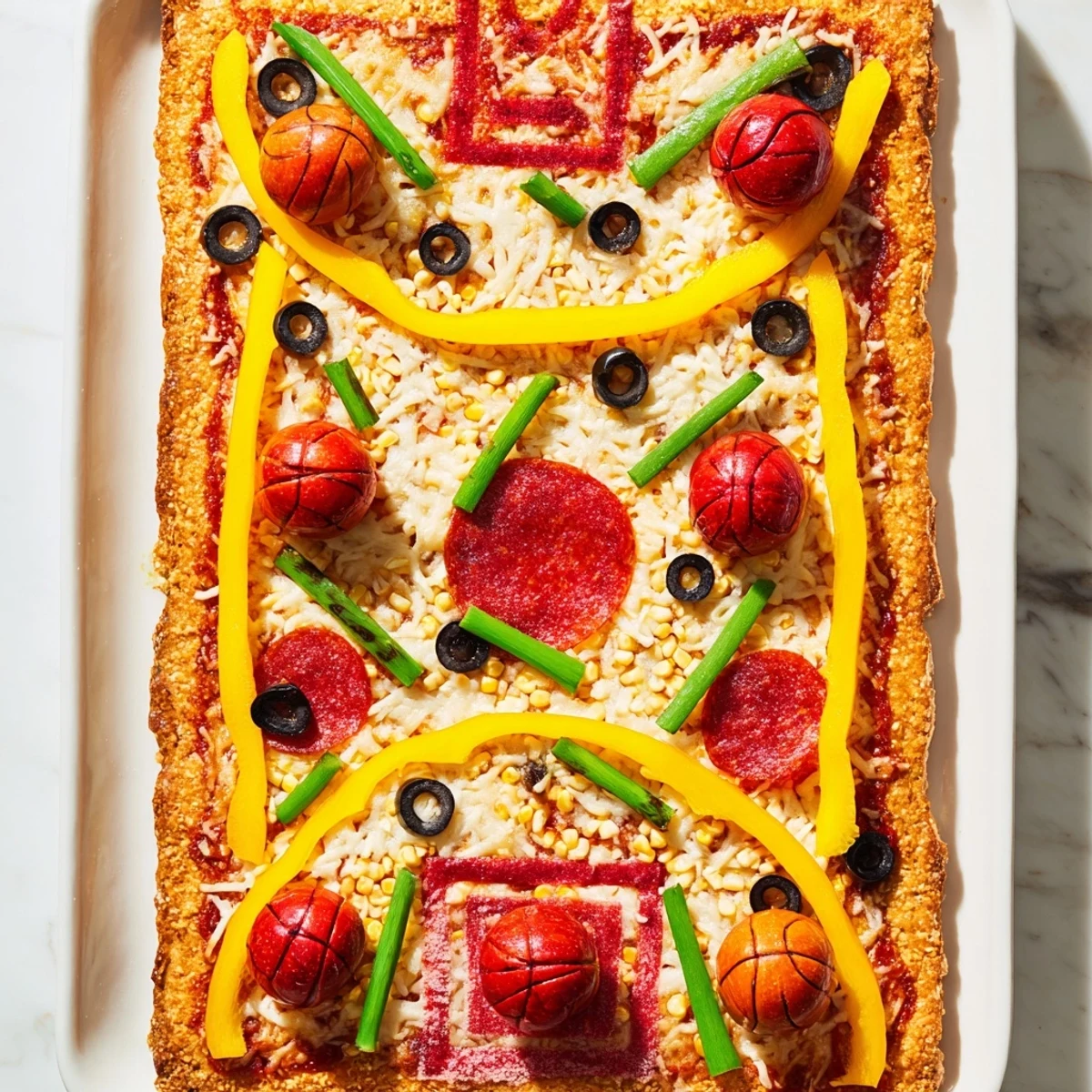 Golden Basketball Court Pizza, bubbly with cheese and pepperoni basketballs, ready for serving.