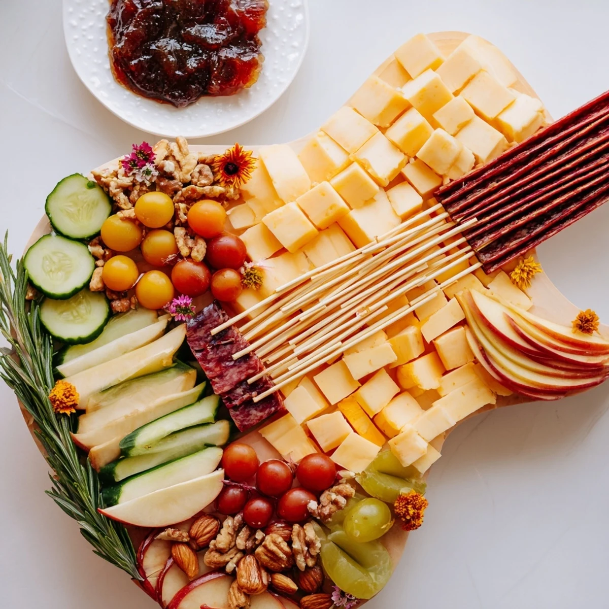 Rock Star Guitar Platter featuring a colorful array of cheeses, meats, and snacks, ready to serve.