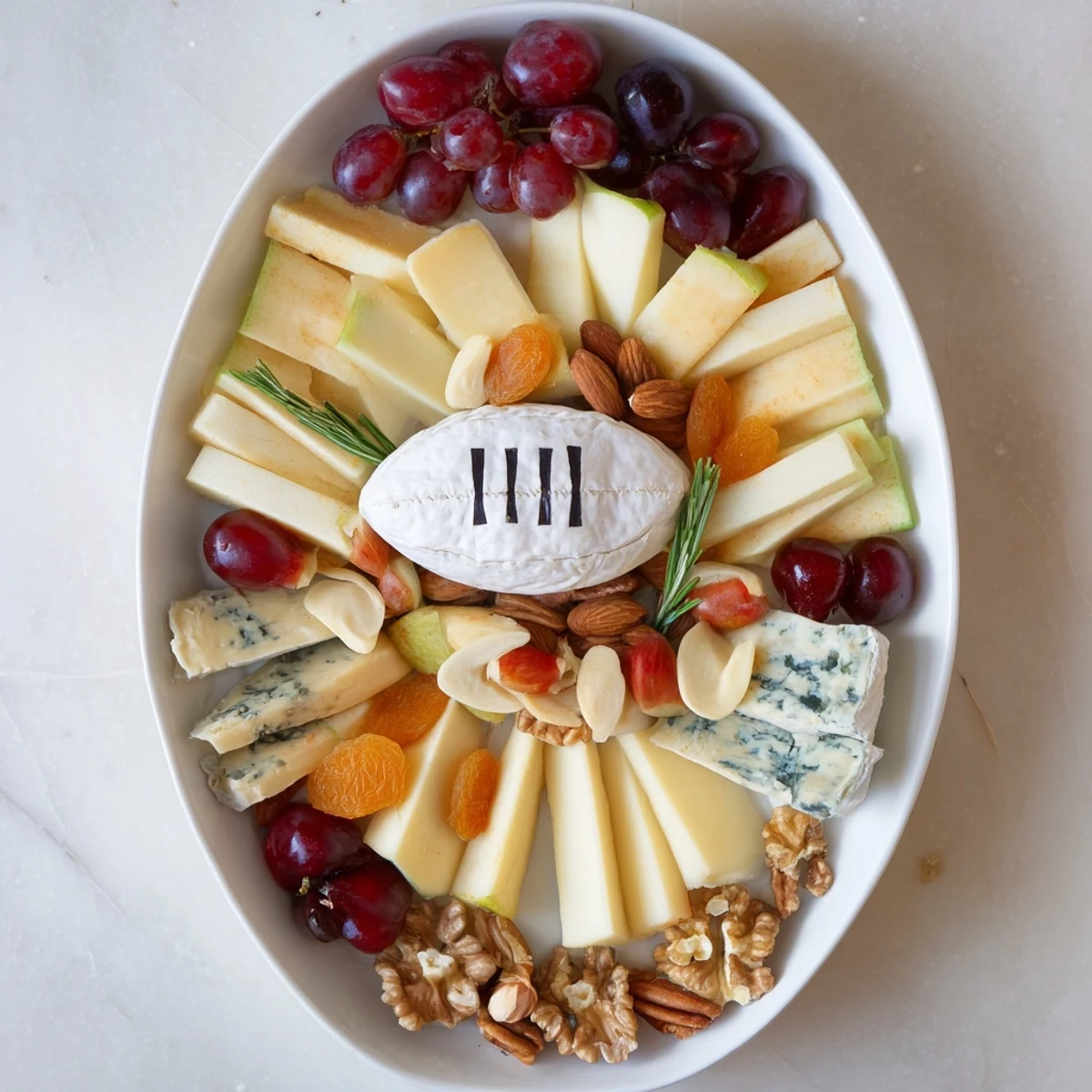 Rugby ball cheese board with colorful fruits, assorted cheeses, and charcuterie for a delicious spread.