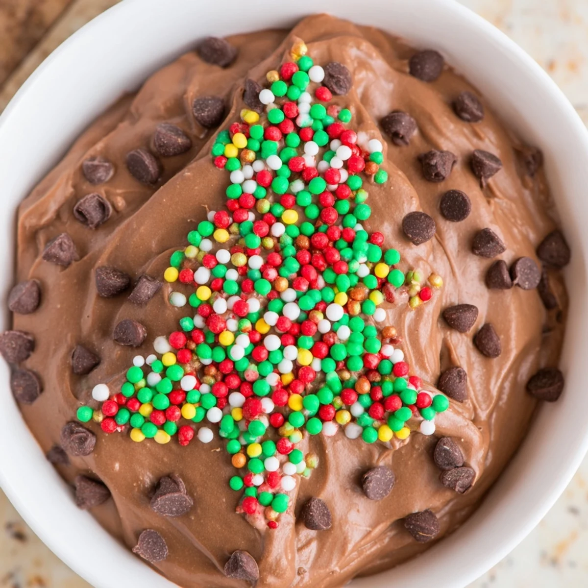 Festive Tree Brownie Dip, sprinkled with holiday cheer, offers a creamy chocolate taste.