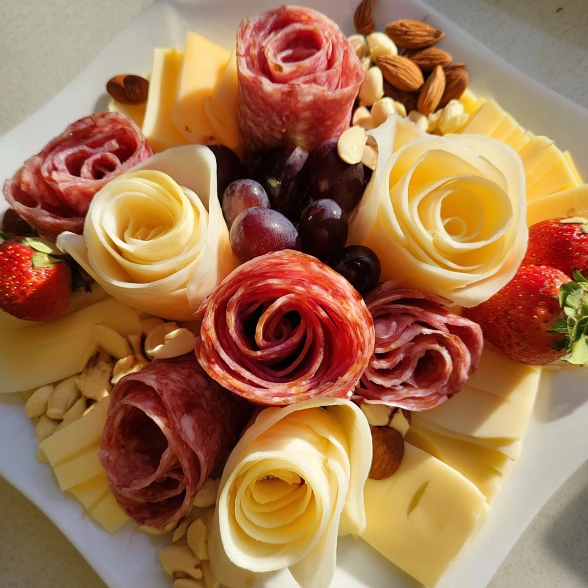 A Meat and Cheese Rose Garden Board with salami roses and colorful fruits looks delicious.