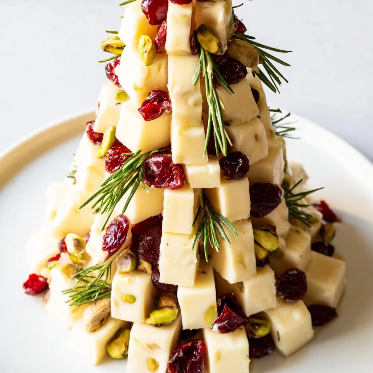 Festive Cranberry White Cheddar Tree appetizer piled high with tangy cranberries and pistachios.