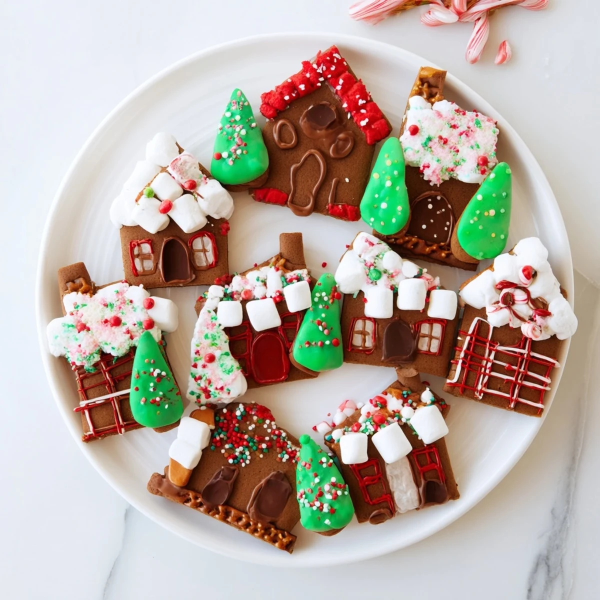 Festive Sweet Board: Gingerbread Village dessert board with frosted gingerbread and colorful candies.