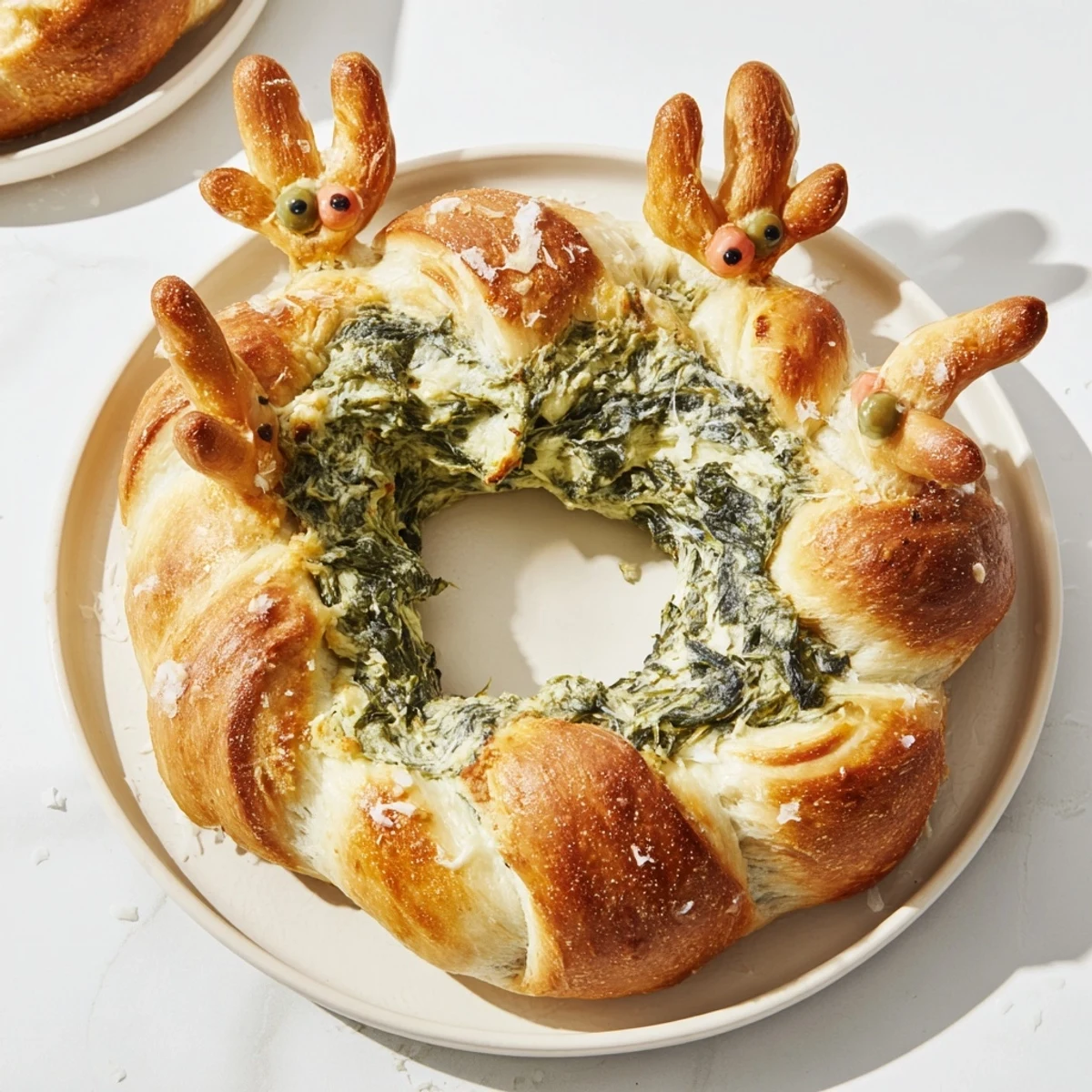 Creamy spinach dip filling a festive Reindeer Antler Spinach Dip Ring, perfect for holiday parties.