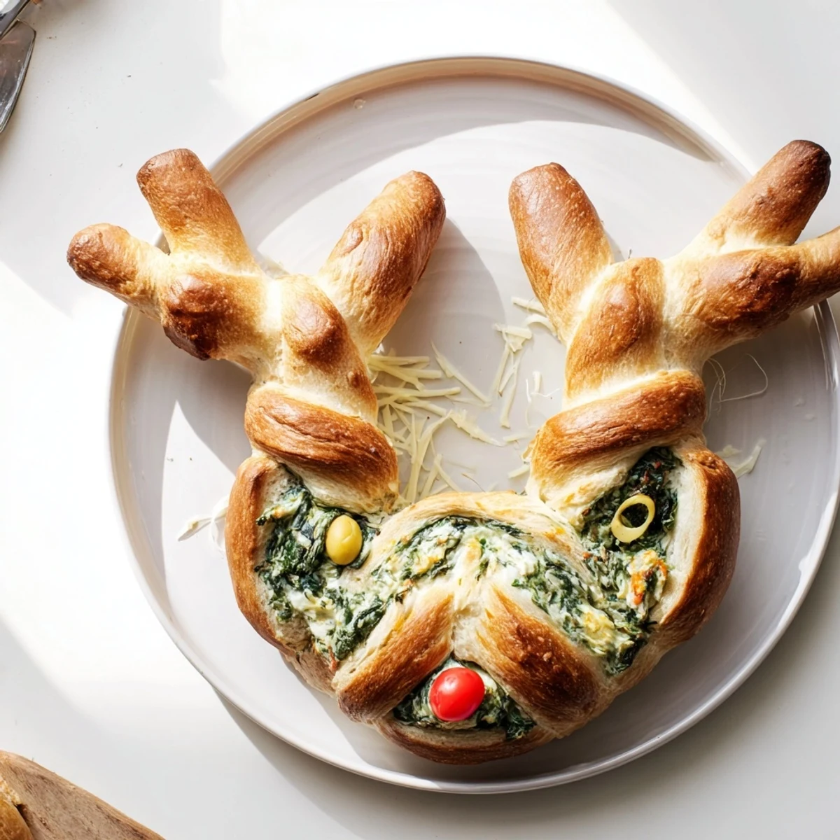 Warm, golden Reindeer Antler Spinach Dip Ring, ready to serve with a bubbly spinach and cheese center.