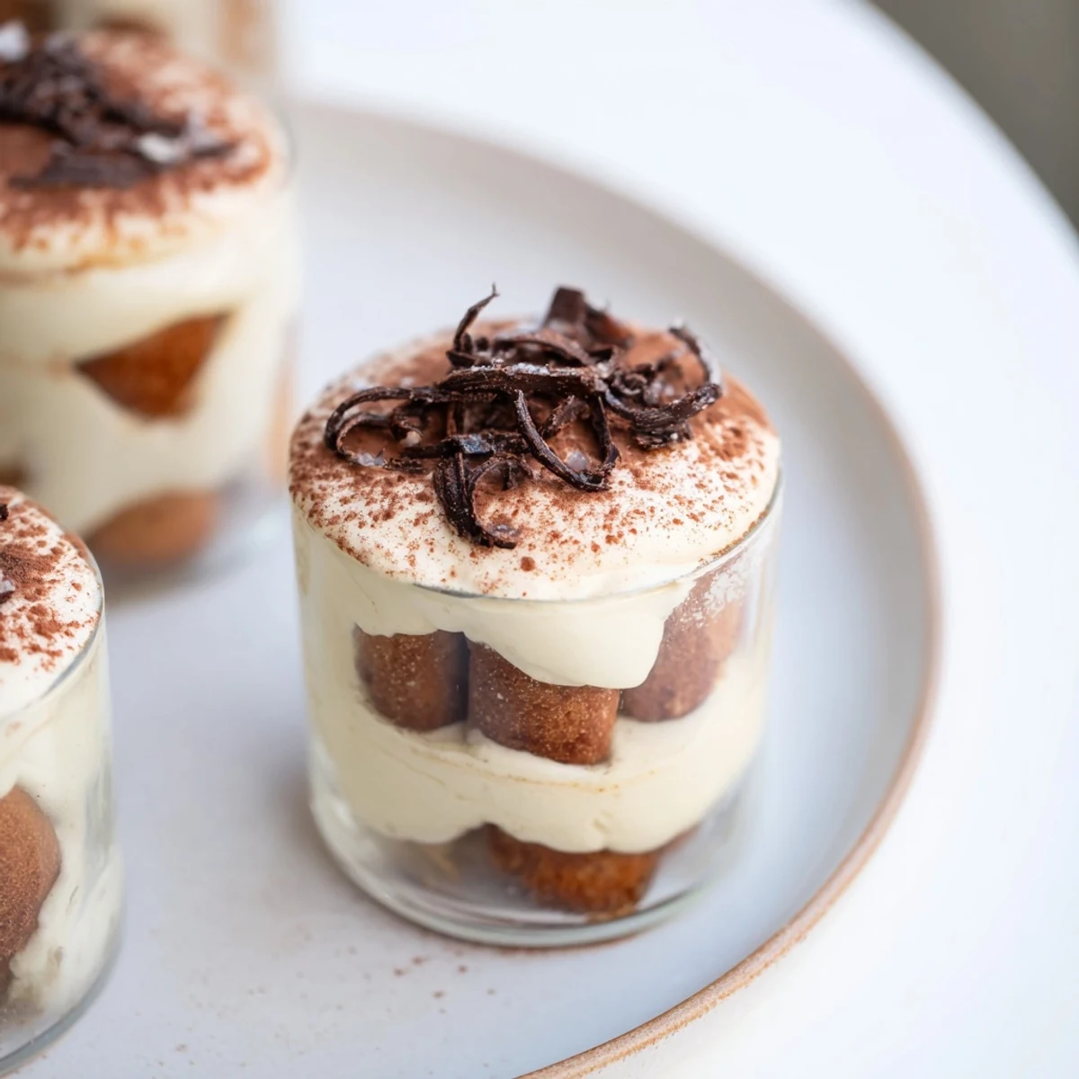 These Countdown Tiramisu Shots feature light and fluffy mascarpone cream dusted with cocoa, a tempting treat.