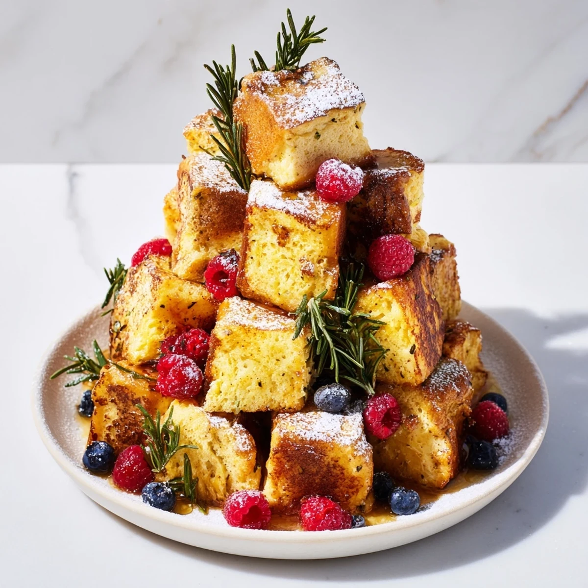 Golden-brown Eggnog French Toast Bites artistically arranged into a festive, berry-adorned brunch tree.