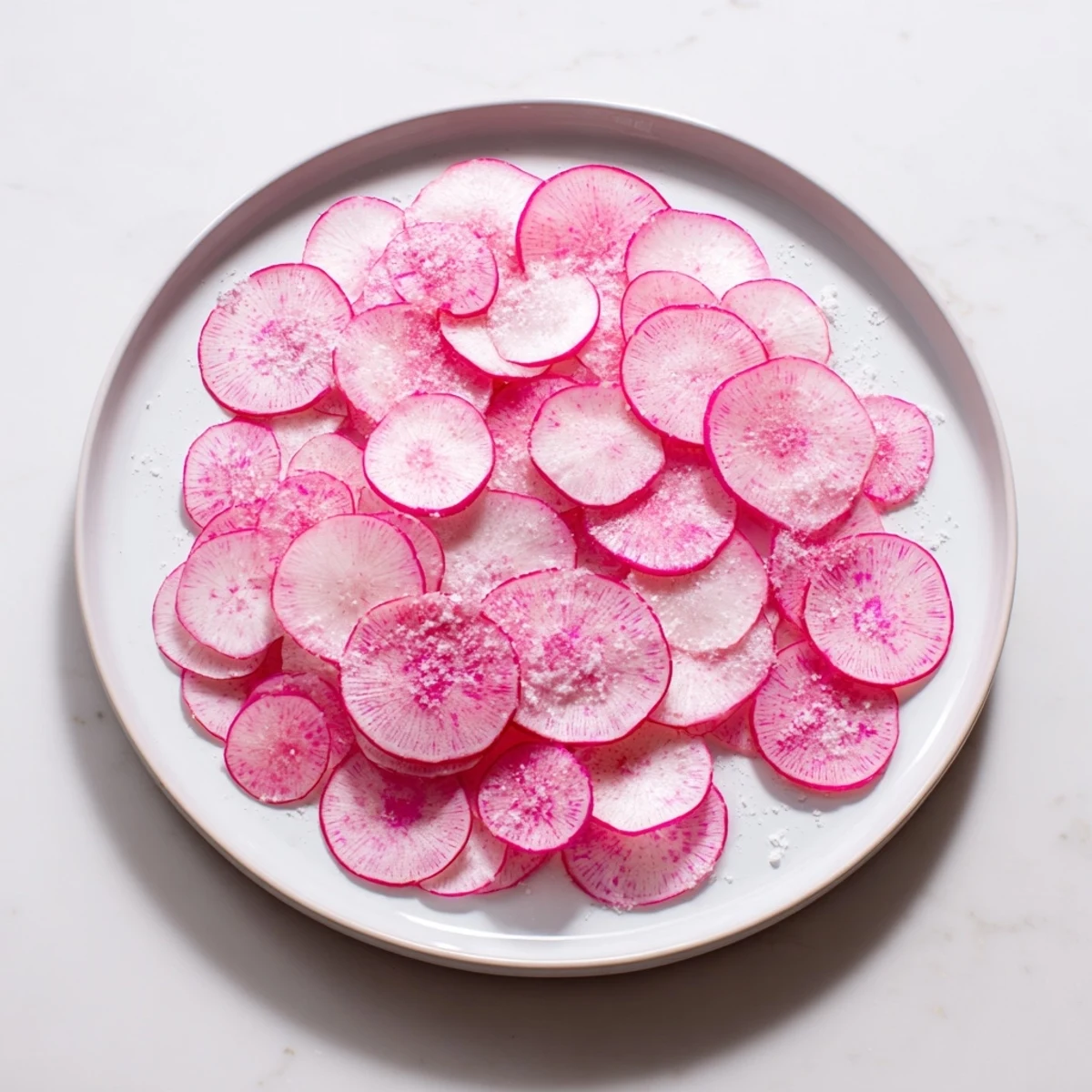Freshly sliced radishes, seasoned with sea salt on a white plate, ready for a quick bite.