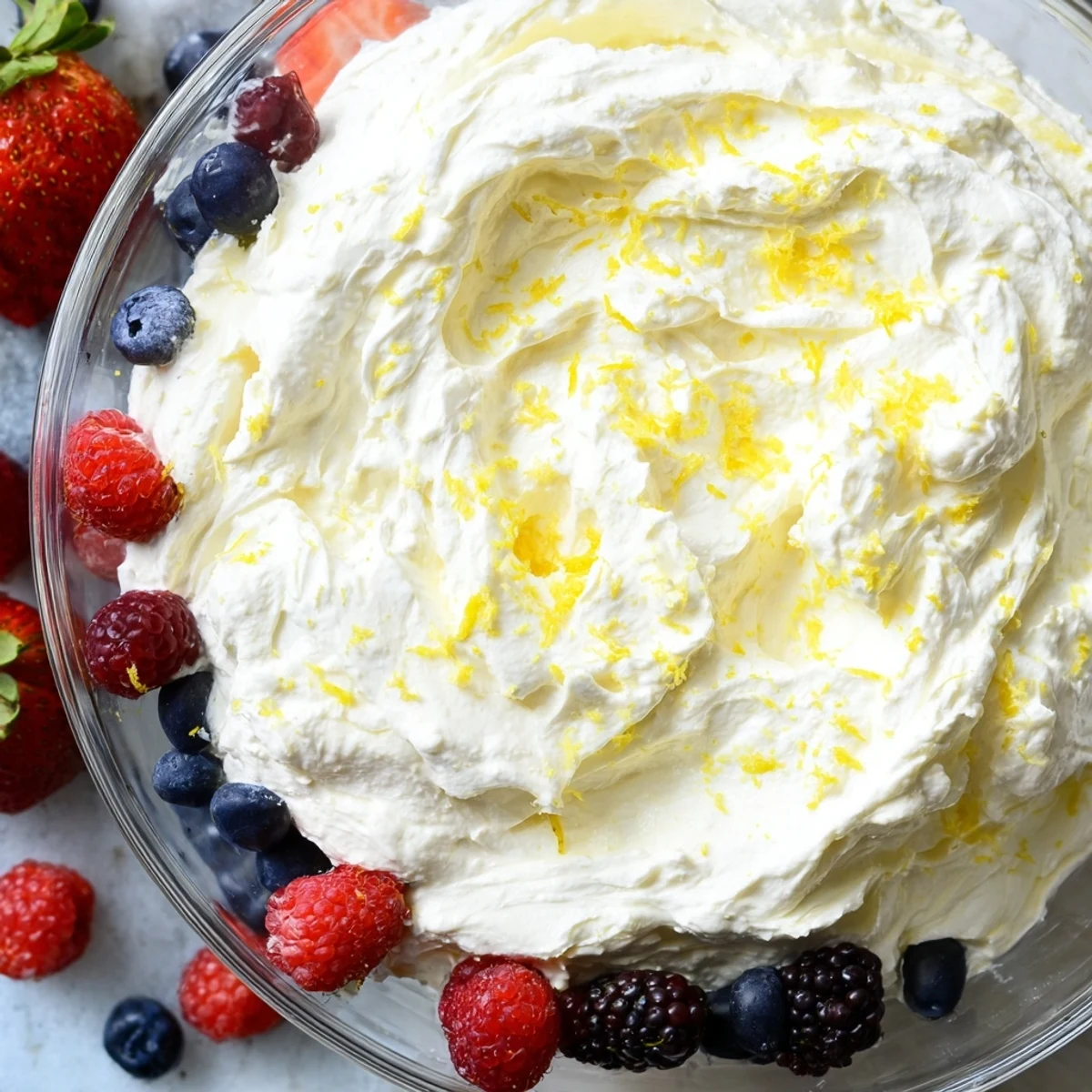 A beautiful, creamy bowl of fluffy cream cheese fruit dip, served alongside fresh summer berries.