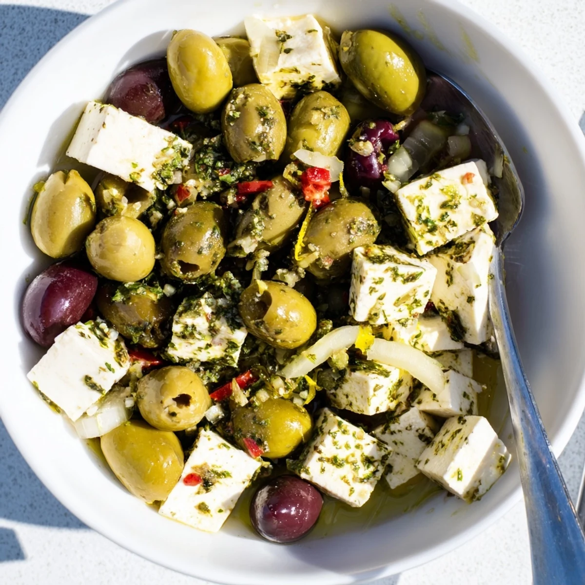 Vibrant Holiday Mix with olives and feta, glistening in a flavorful oil marinade, perfect appetizer.