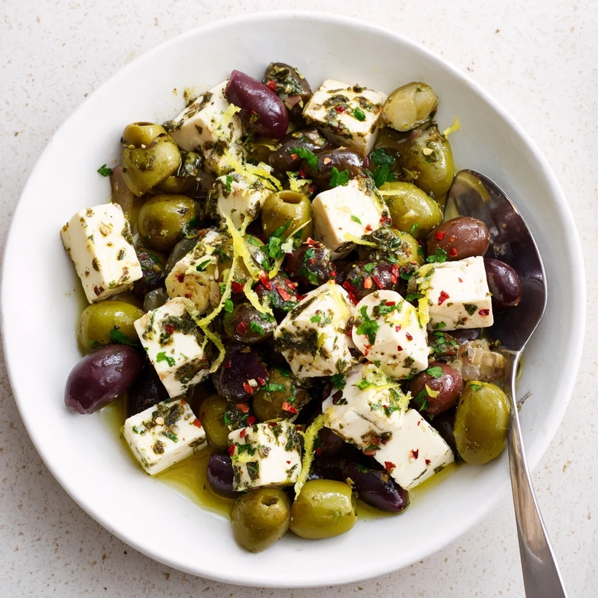 Close-up of a colorful Holiday Mix: Mixed Olives with creamy feta, ready for serving during holidays.