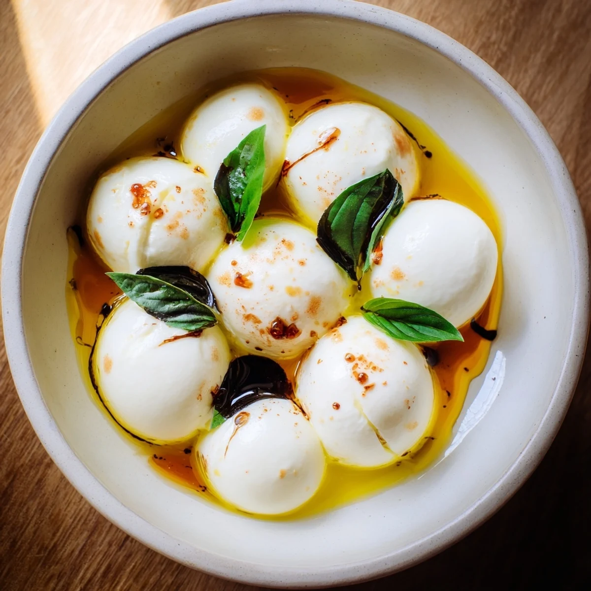 Fresh, seasoned mozzarella pearls, drizzled with olive oil, make a quick, easy Italian snack.