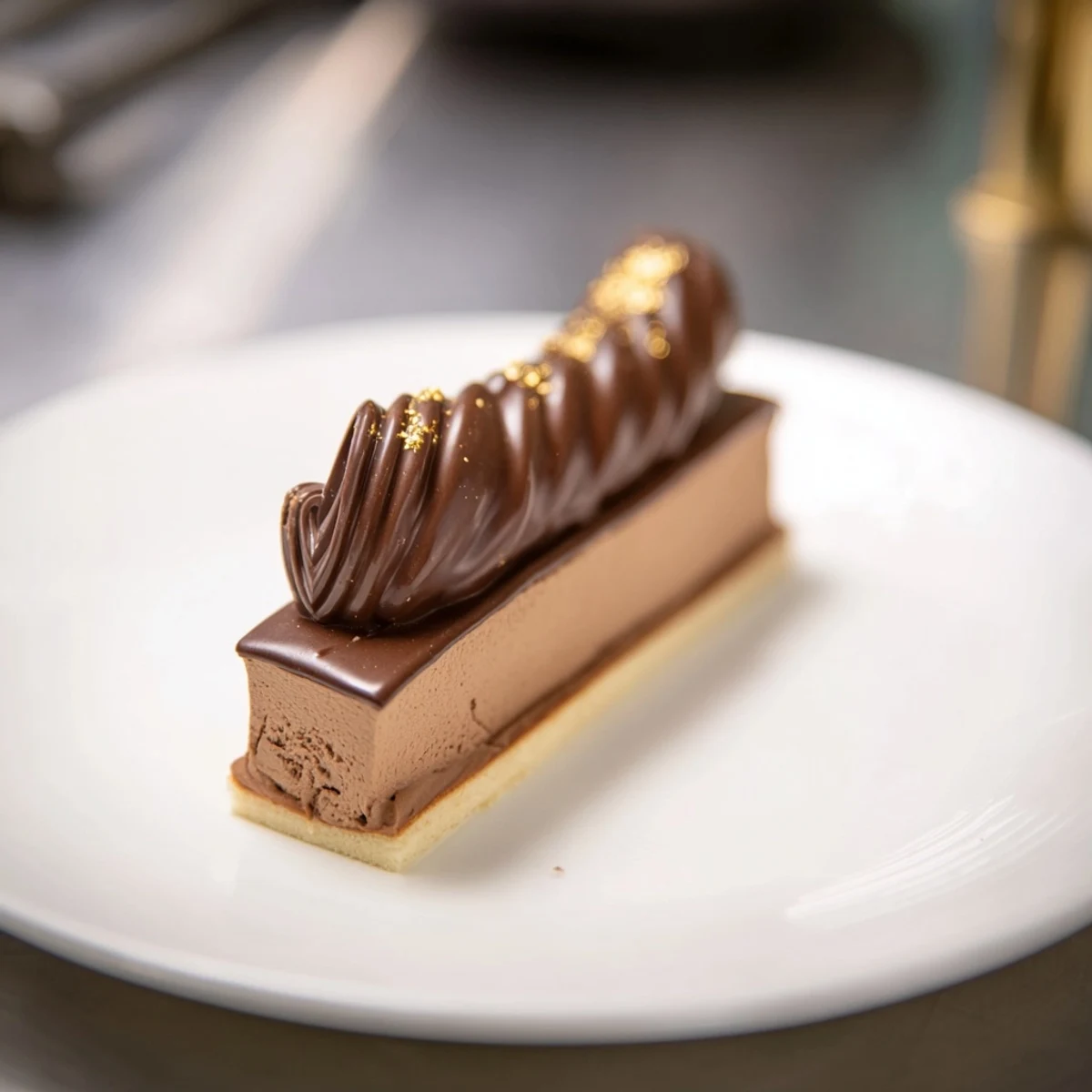 Elegant Golden Ratio Shell dessert with layers of creamy chocolate mousse and vibrant fruit jelly.