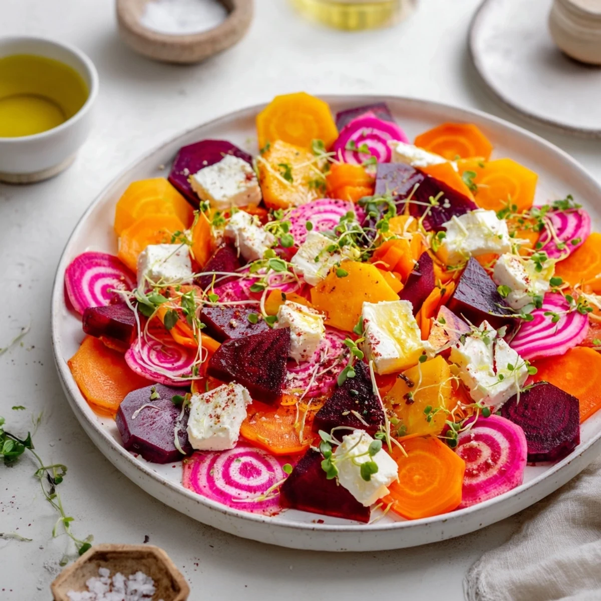 Cubist Deconstruction appetizer, colorful geometric shapes of fresh ingredients and cheese, artfully arranged on a platter.