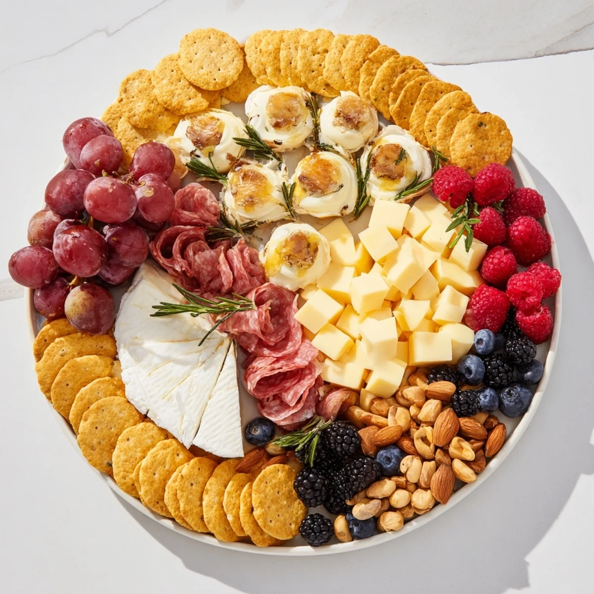 Beautiful circular Ouroboros appetizer platter with cheeses, meats, crackers, and juicy grapes for serving.