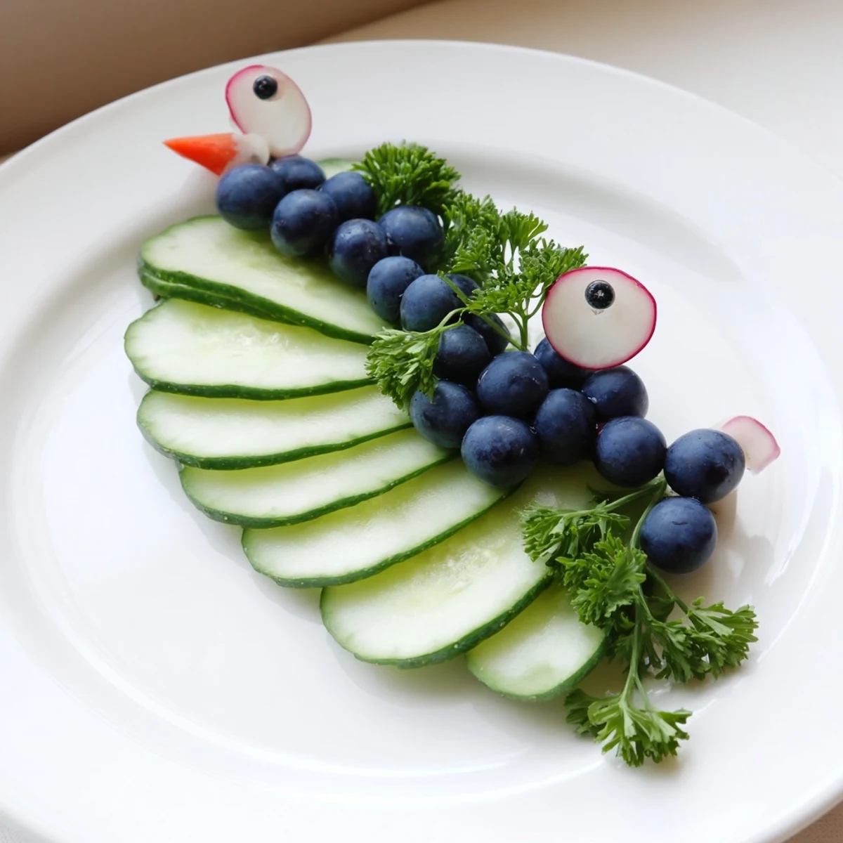 Vibrant Peacock Tail appetizer arrangement: Crisp cucumber slices and glossy grapes, ready to serve.