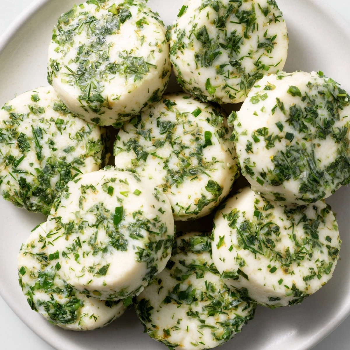 Vibrant "Mossy Stones" appetizer: creamy goat cheese covered in fresh herbs, perfect for a gathering.
