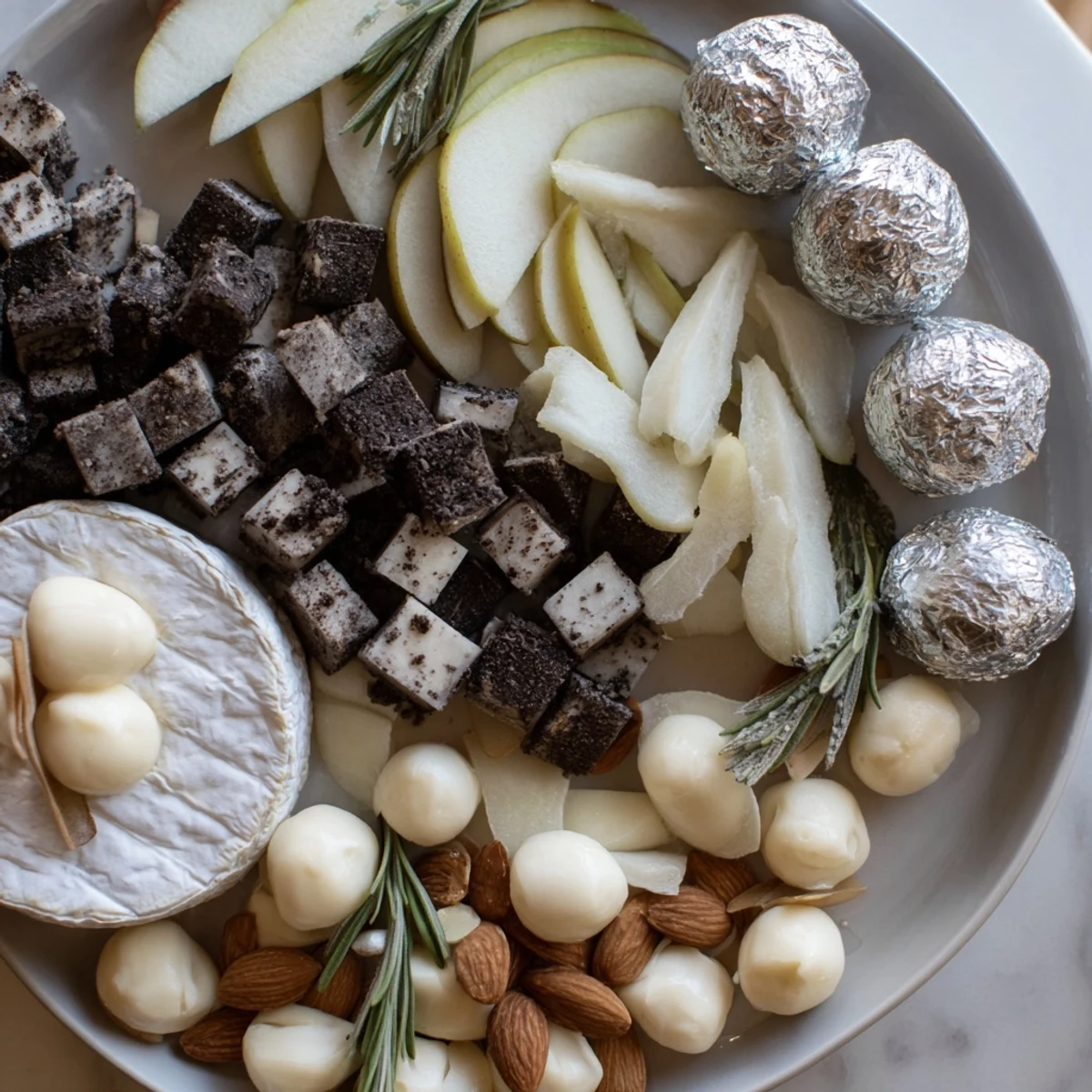 A decadent Silver Screen appetizer board, showcasing glistening silver-wrapped chocolates and fresh fruit.
