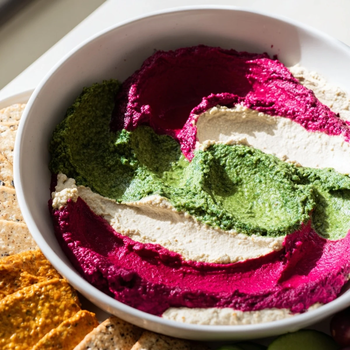 Vibrant marble swirls of dip in "The Marble Swirl," beautifully presented with colorful crackers.