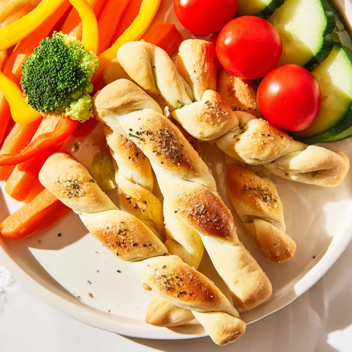 A colorful platter of Dinosaur Bone Prehistoric Crudités features breadsticks and vibrant raw veggies ready to dip.