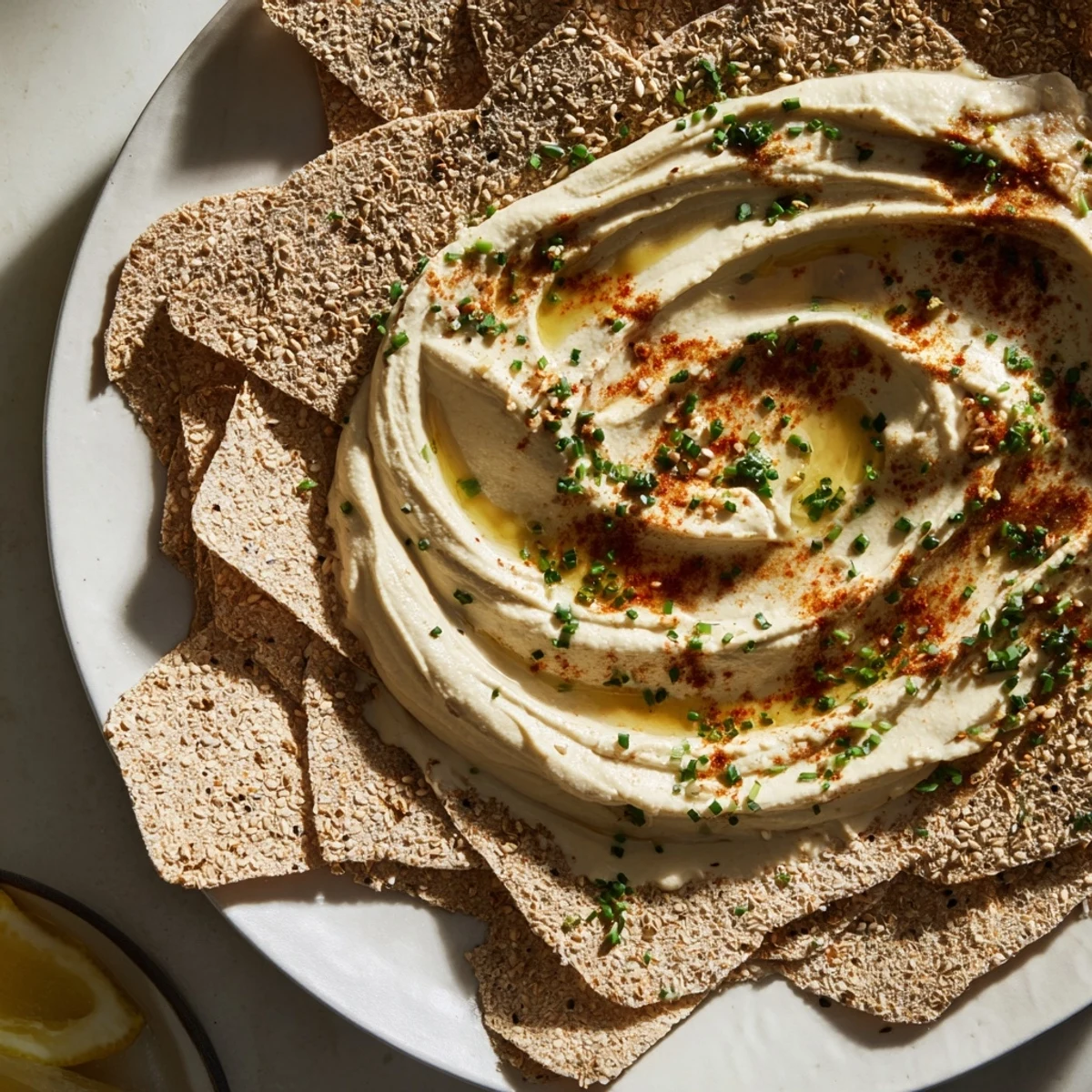 Visual: A layered Sandstone Canyon appetizer, featuring creamy hummus and crisp crackers.