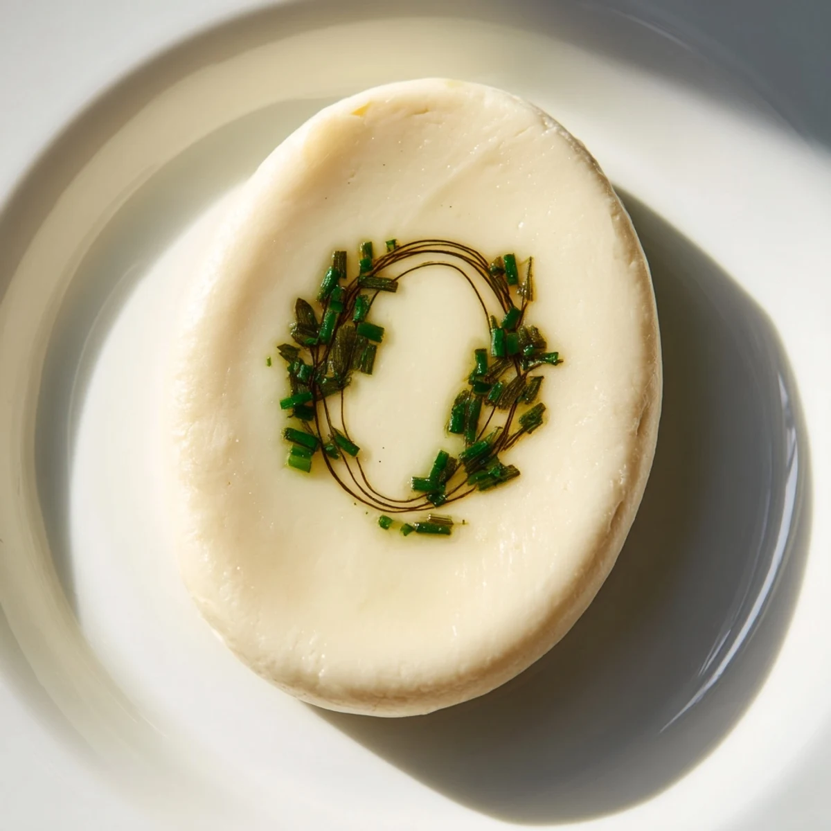 Creamy goat cheese "Victorian Cameo" appetizer with dark olive tapenade silhouette and fresh herbs.