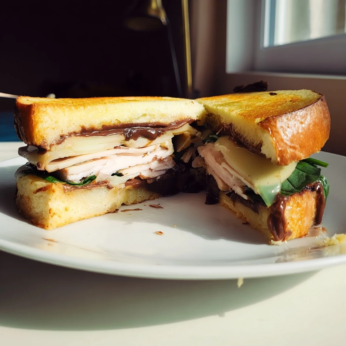 Golden brown Nutella grilled cheese with chicken, a melty, savory delight on toasted sourdough bread.