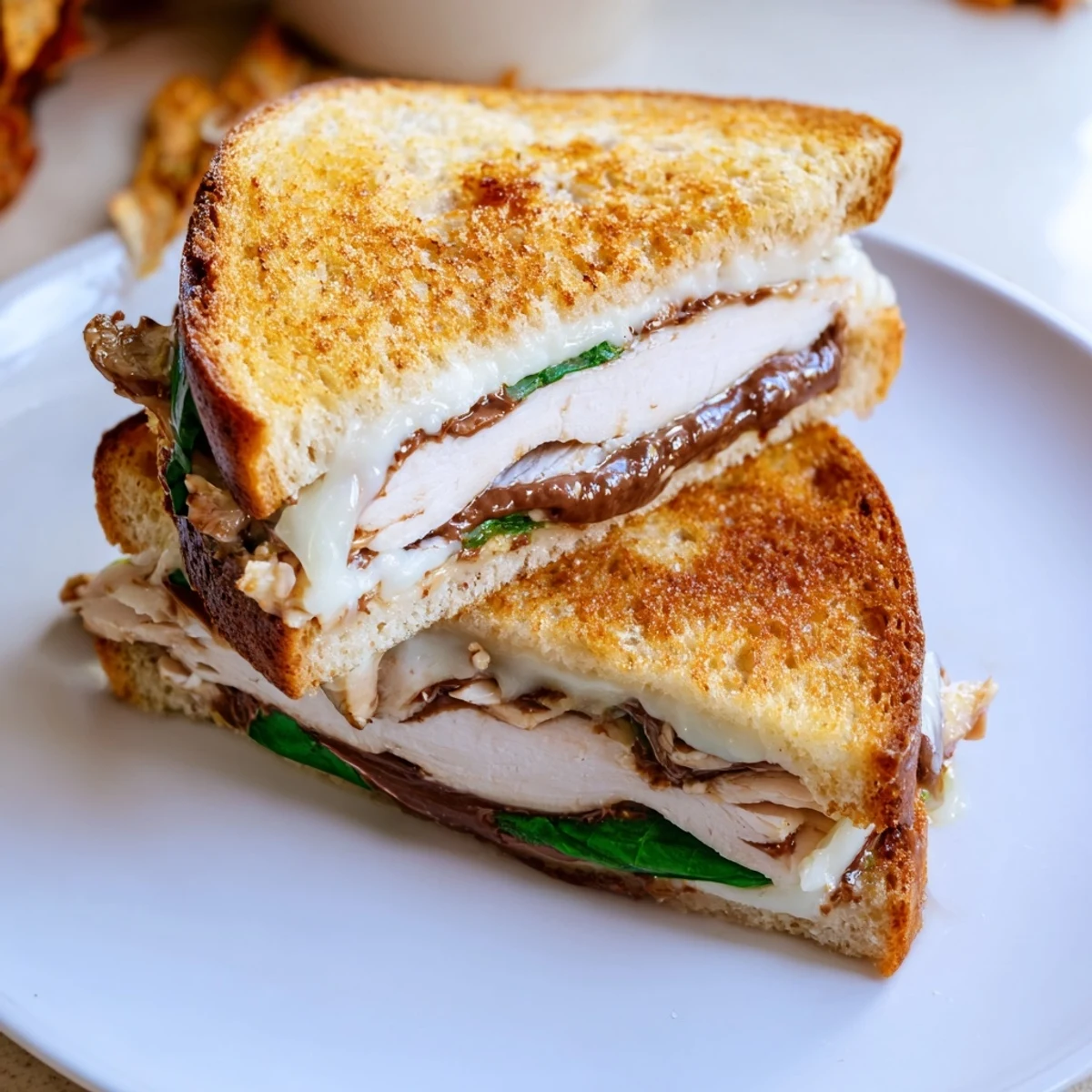 This comforting Nutella grilled cheese with chicken features a gooey interior and crispy, buttery crust.