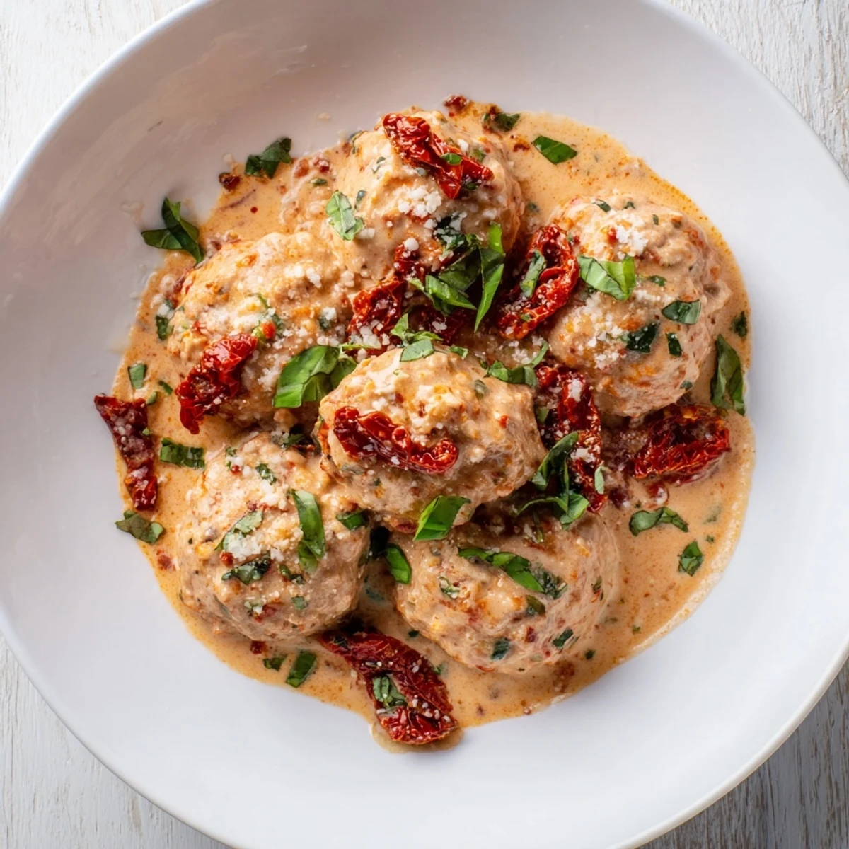 Savory Marry Me Chicken Meatballs, served over pasta and drenched in a luxurious, creamy sun-dried tomato sauce.