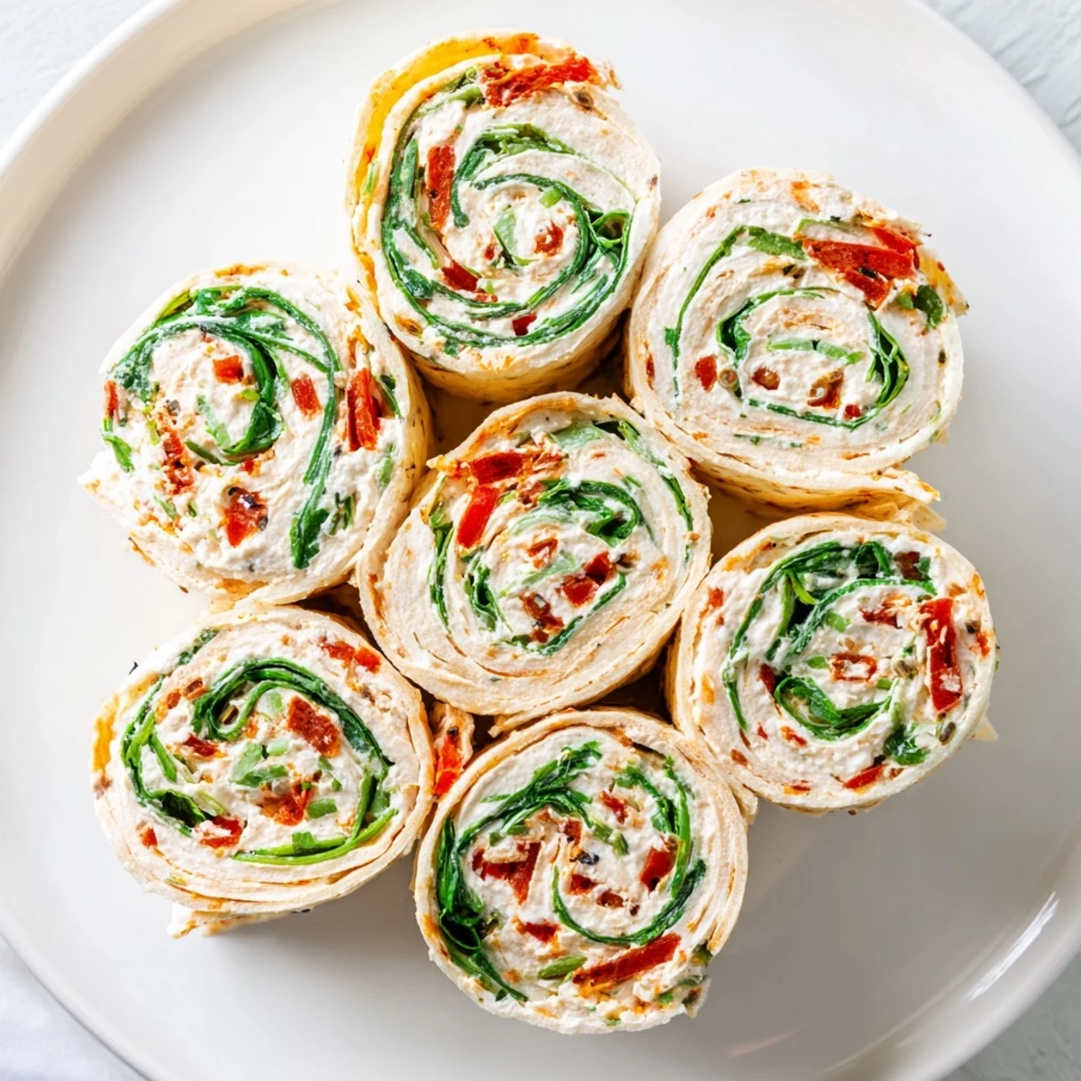 Enjoy the flavors of homemade Christmas Scarf Tortilla Roll-Ups, showcasing a colorful, delicious design for any gathering.