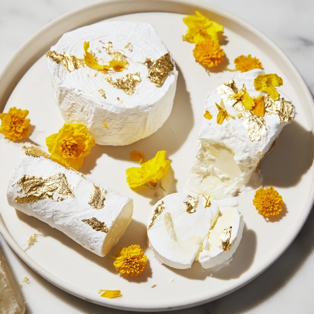 Imagine The Gilded Lily: a beautiful cheese platter, glistening with gold leaf and colorful, edible flowers.