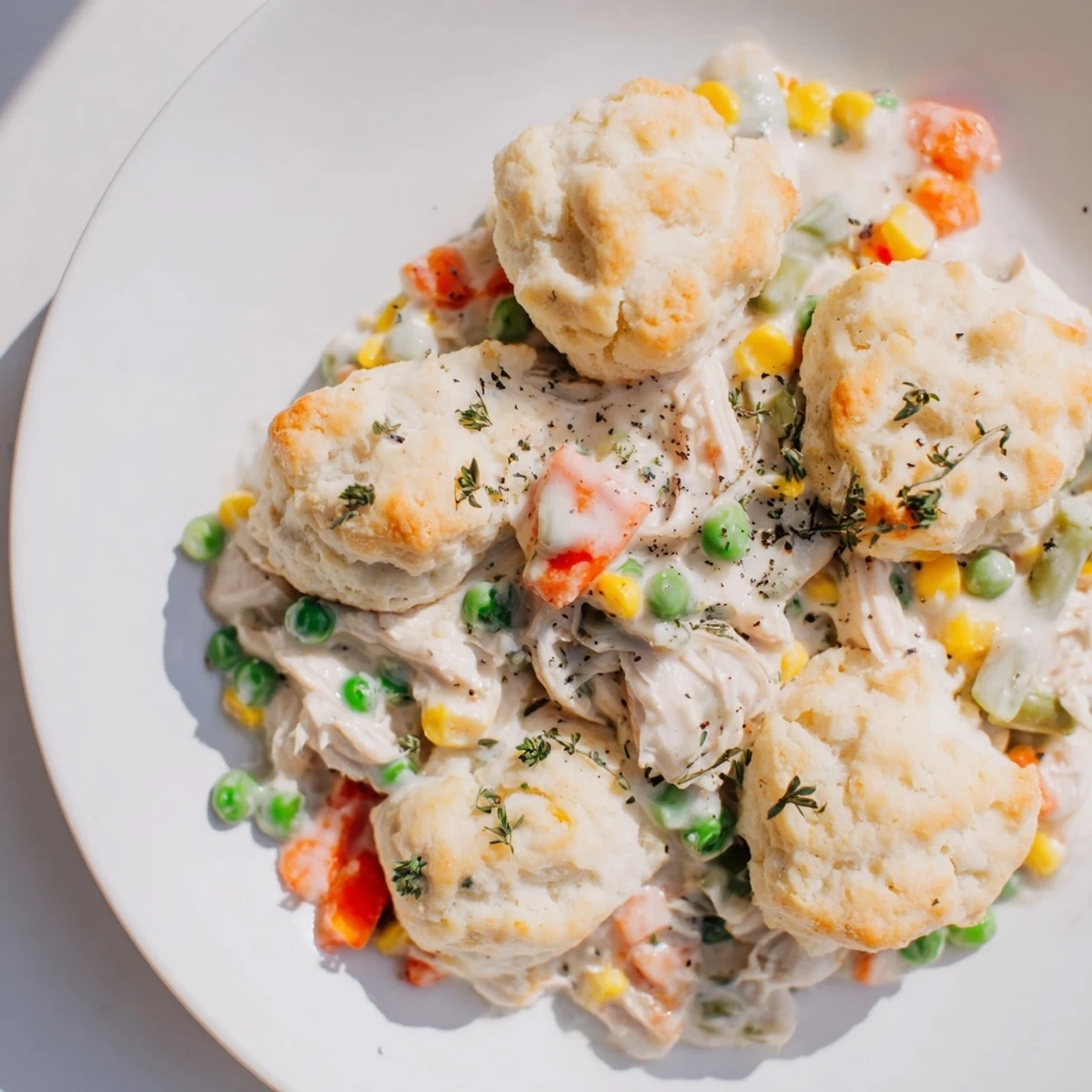 Chicken Cobbler with Red Lobster Mix, a warm casserole featuring a golden biscuit topping and creamy chicken filling.