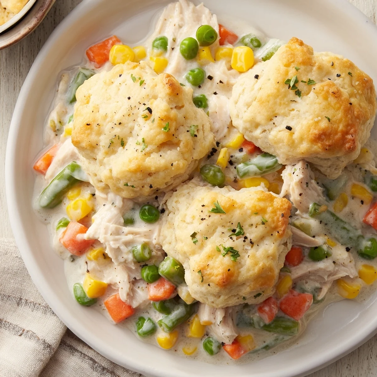 A comforting close-up shows Chicken Cobbler with Red Lobster Mix, bubbling around the edges, perfect for a hearty dinner.