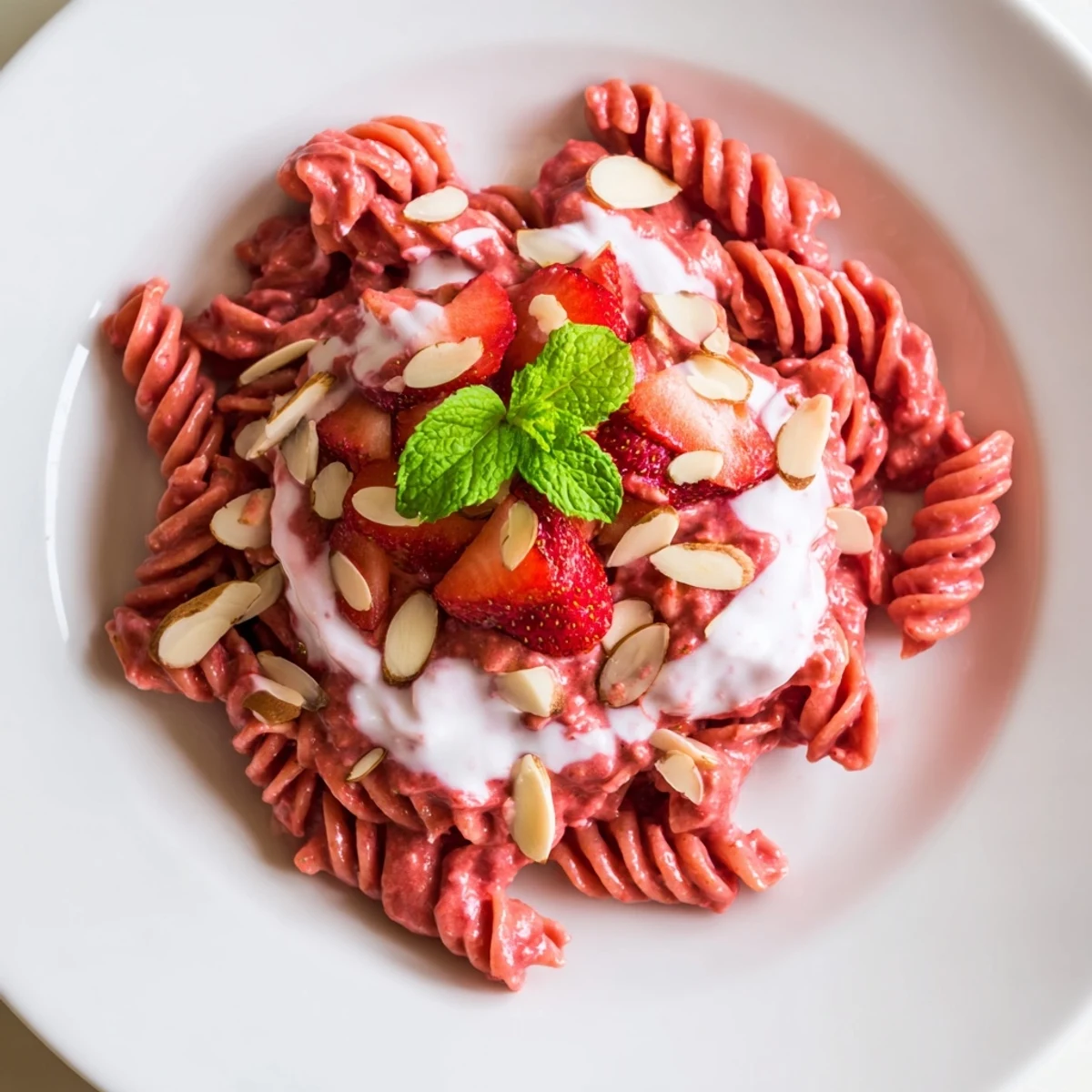 Bright, berry-covered Sweet Strawberry Yogurt Pasta, ready to enjoy as a light, sweet summer lunch.