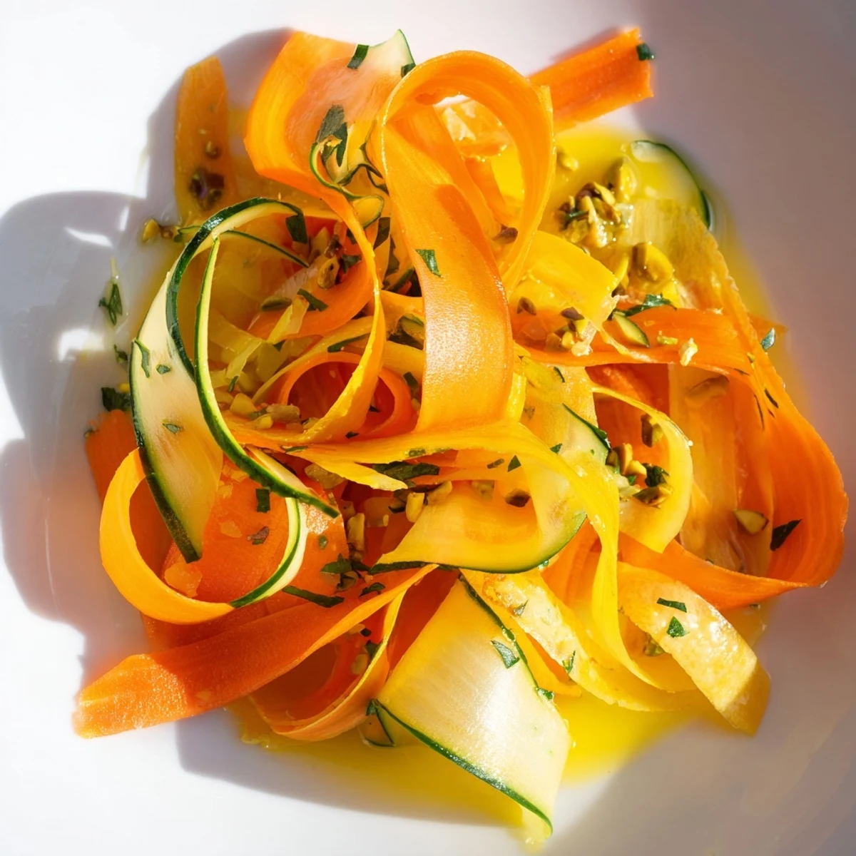 Close-up of a refreshing Citrus Carrot Ribbon Salad, ideal as a light vegetarian appetizer.