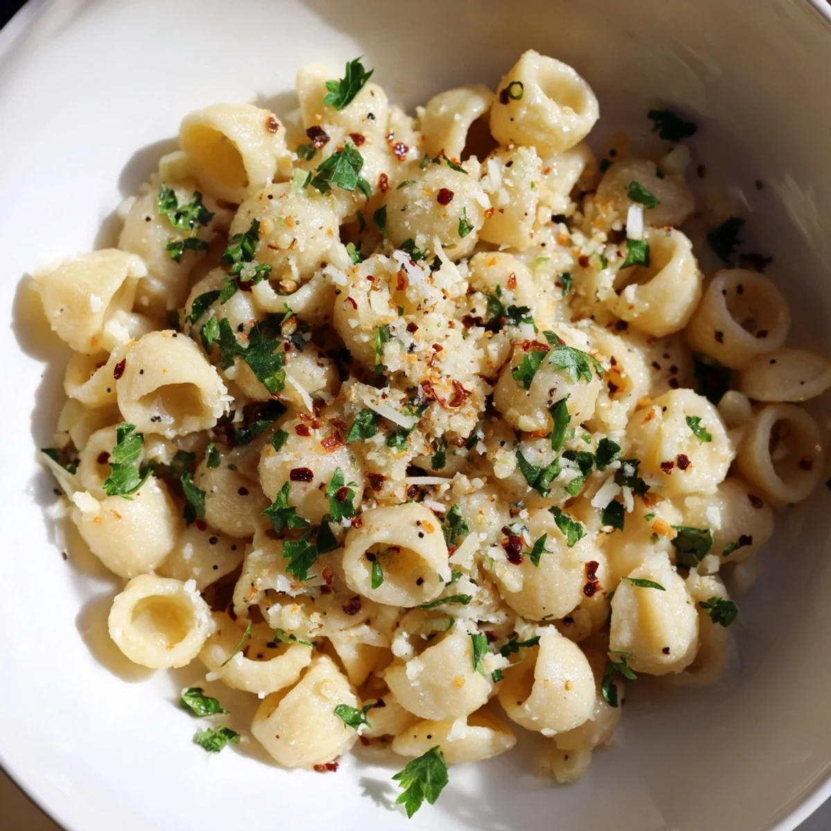 Creamy ditalini pasta glistening, a delightful Italian-American dish ready to serve with Parmesan and parsley.
