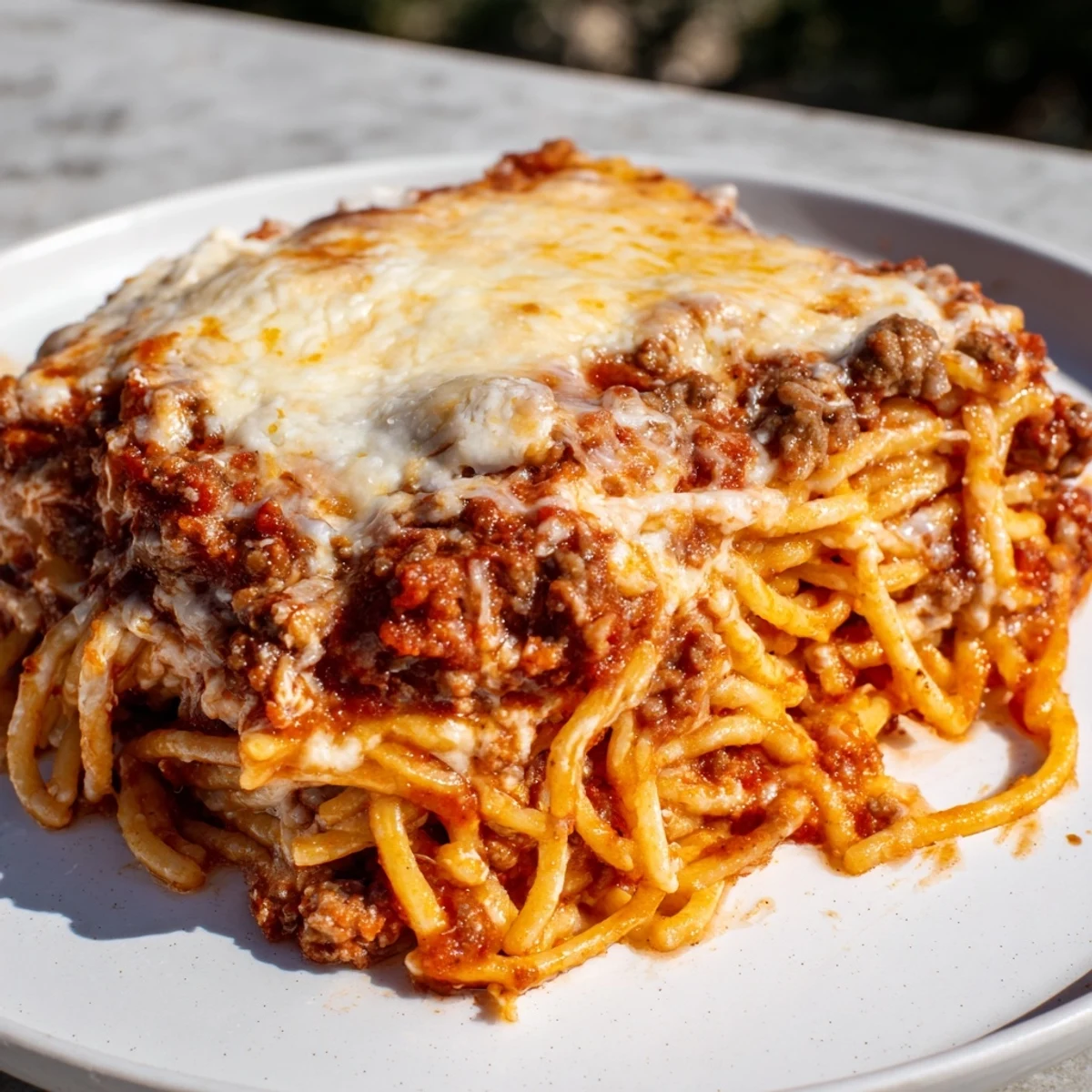 Golden, bubbly top view of a rich, layered Million Dollar Spaghetti ready to be served and enjoyed.