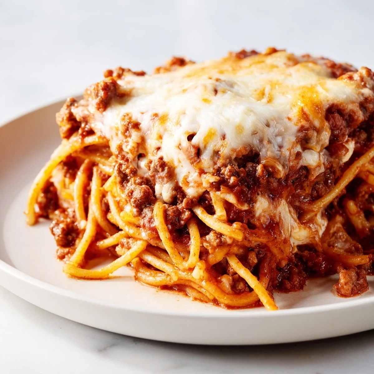 A bubbling casserole of Million Dollar Spaghetti, with melted cheese and savory meat sauce visible.