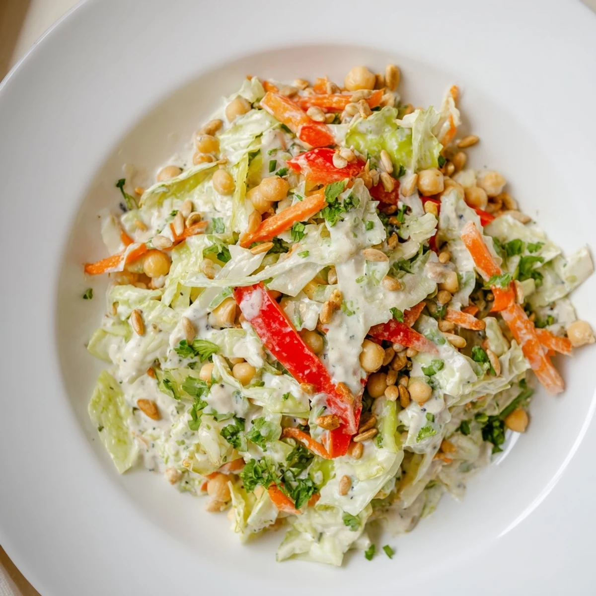 A close-up view of a flavorful Fiber-Forward Chickpea Salad, ready to enjoy as a vegan and gluten-free meal.