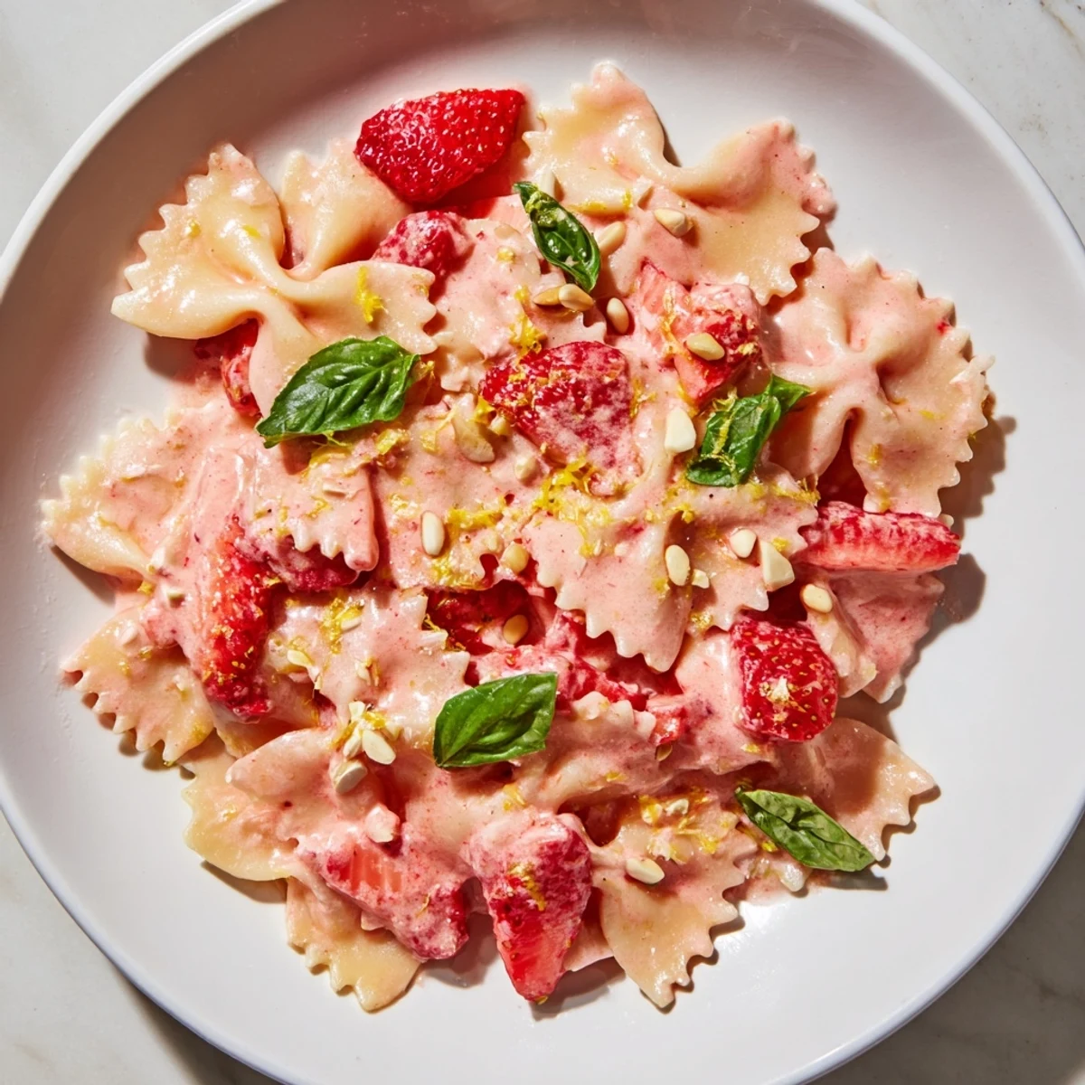 Close-up of al dente pasta coated in a delicious Strawberry Sour Cream Pasta sauce.