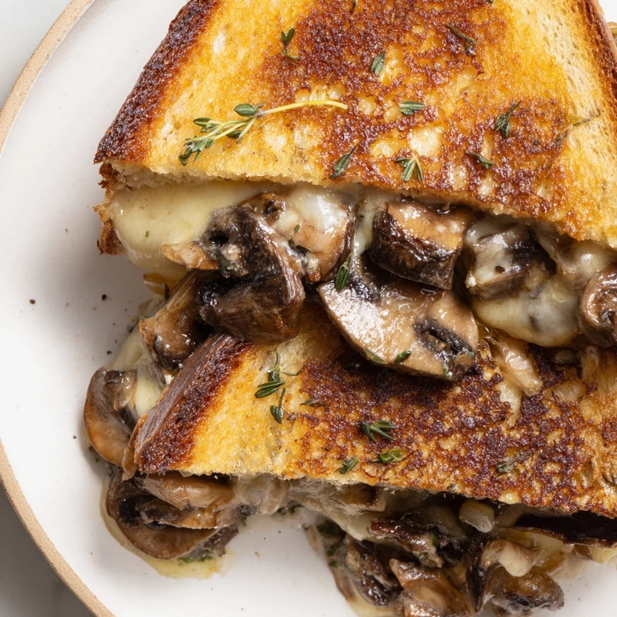 A close-up of a warm, gooey Creamy Mushroom Grilled Cheese, delicious and ready to be enjoyed.